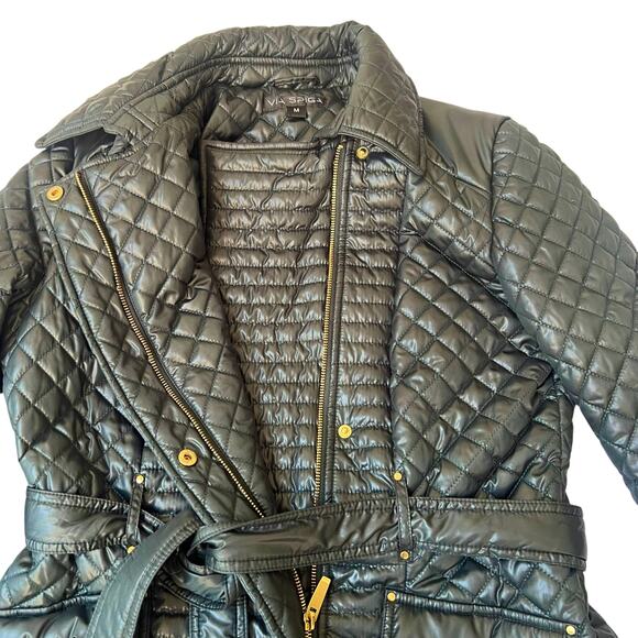 Via Spiga Women’s Evergreen Quilted Belted Coat Size M Gold Hardware - Picture 6 of 13